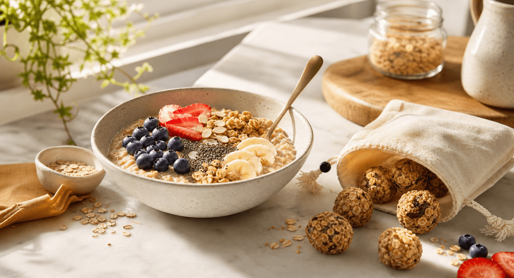 Oat bowl with fruit, seeds, granola, and oat snack bites in morning light