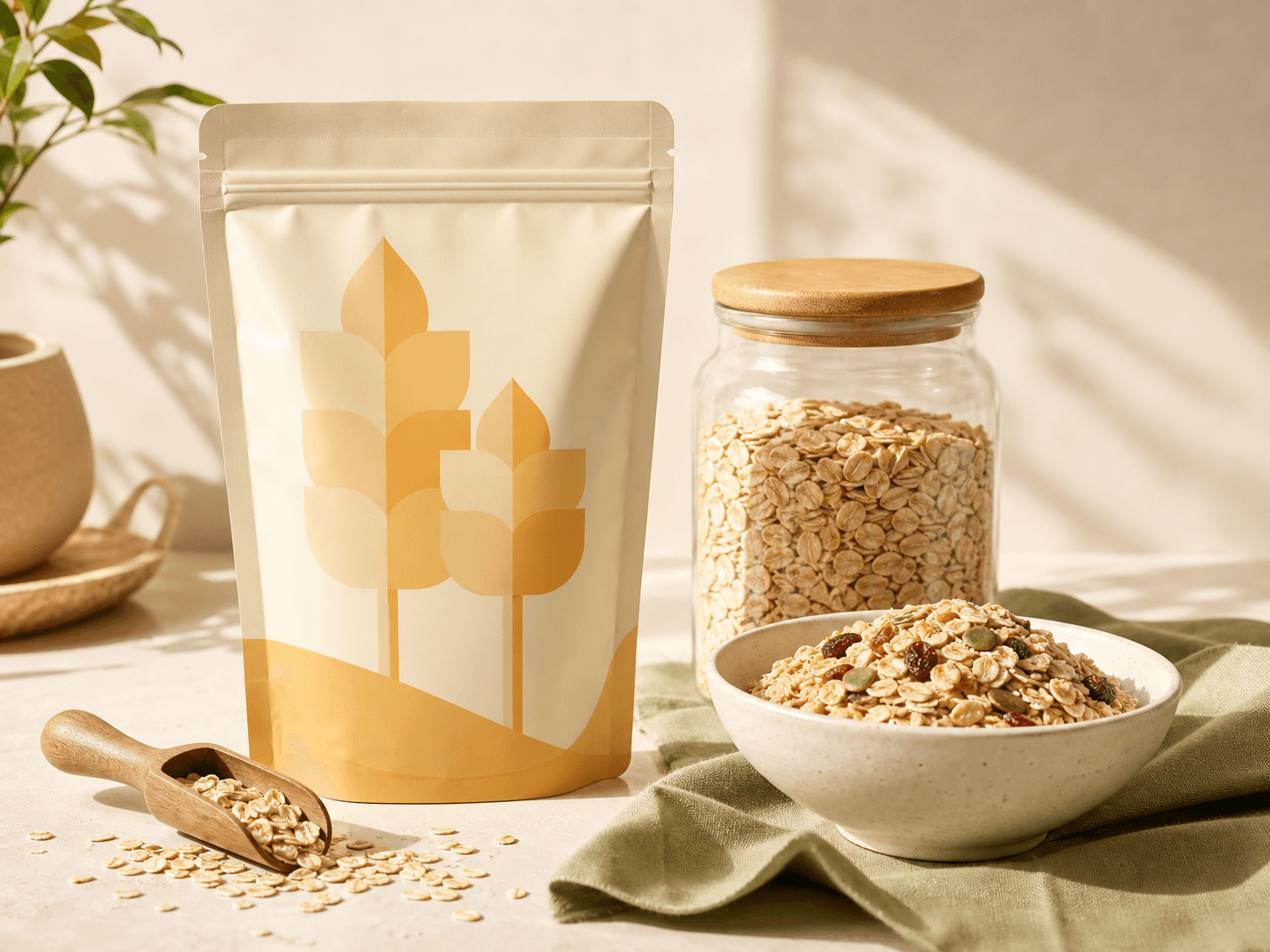 Golden Pantry Oat Mix product shot with oat pouch and jar